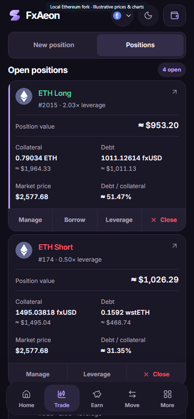 FxAeon positions interface on mobile showing open ETH and BTC positions