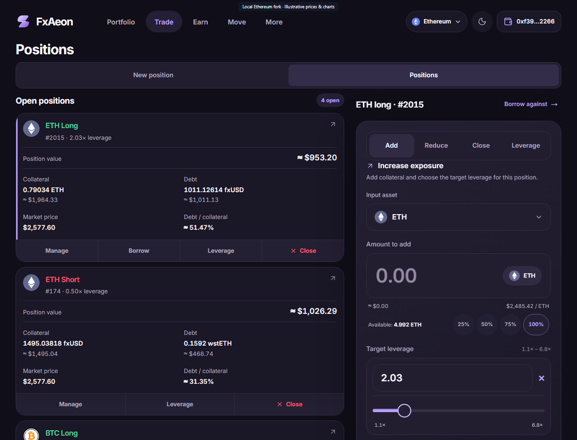 FxAeon positions interface showing open ETH and BTC positions with management actions